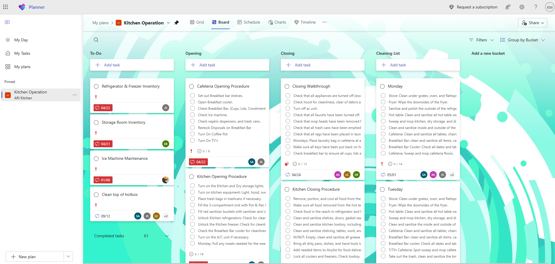 Microsoft Planner kitchen operations board