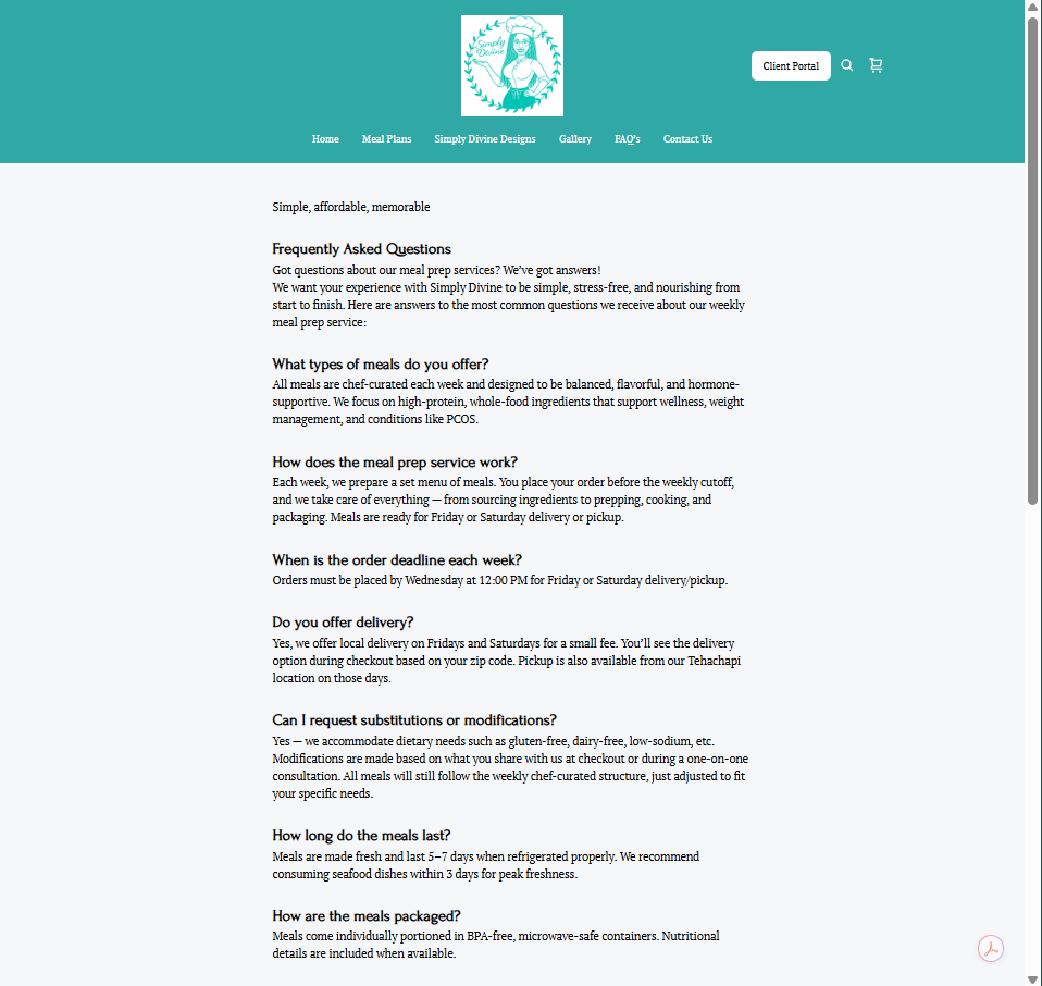 Simply Divine Eats FAQ page